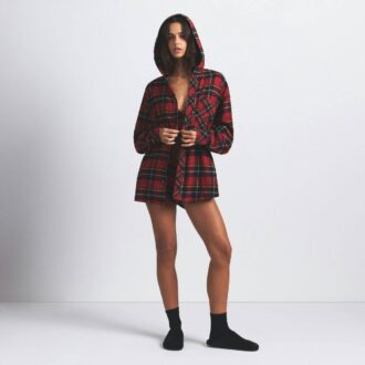 Flanell-Schlafshirt mit Kapuze, Oversize und Knöpfen
