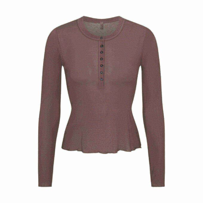 Henley-Shirt mit transparentem Rippstrick und langen Ärmeln Henley-Shirt mit transparentem Rippstrick und langen Ärmeln