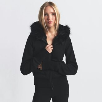 Kapuzenpullover aus Baumwollfleece mit Kunstpelzfutter und Reißverschluss
