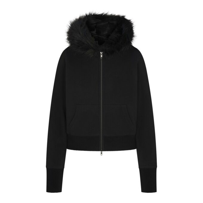 Kapuzenpullover aus Baumwollfleece mit Kunstpelzfutter und Reißverschluss Kapuzenpullover aus Baumwollfleece mit Kunstpelzfutter und Reißverschluss