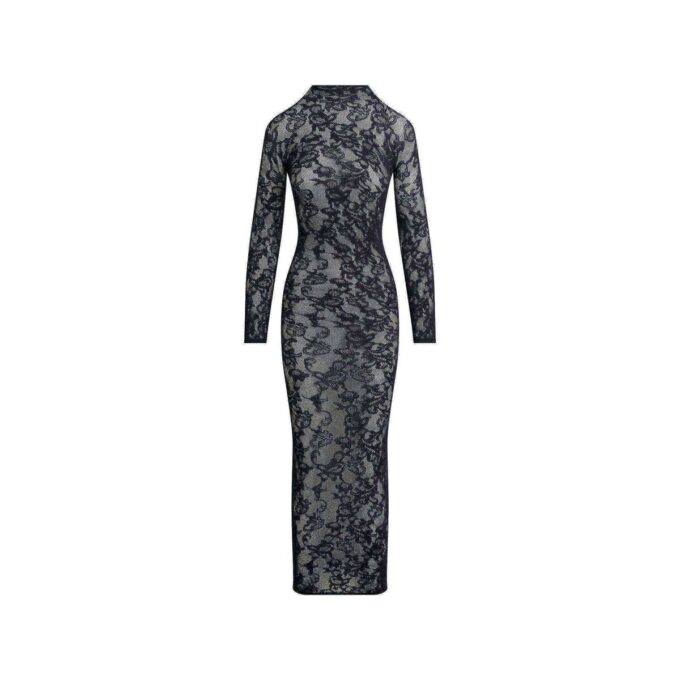 LANGES STRICKKLEID MIT STOCKAUSSCHNITT UND SPITZE LANGES STRICKKLEID MIT STOCKAUSSCHNITT UND SPITZE