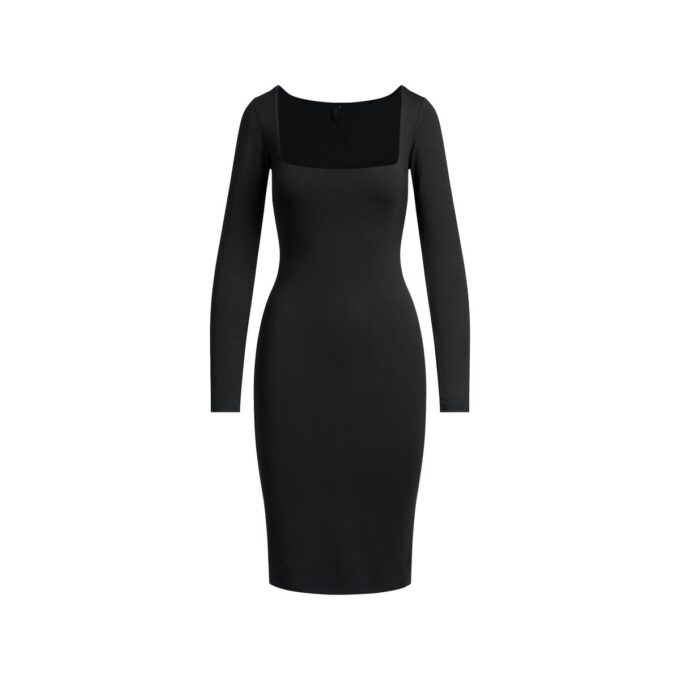 MIDI-KLEID MIT GLATTEN LAGE UND eckigem Ausschnitt MIDI-KLEID MIT GLATTEN LAGE UND eckigem Ausschnitt